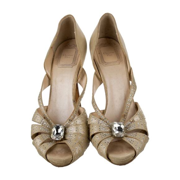 Christian Dior Crystal-Embellished Peep-Toe Heels - 38.5 - Gold - Picture 3 of 5